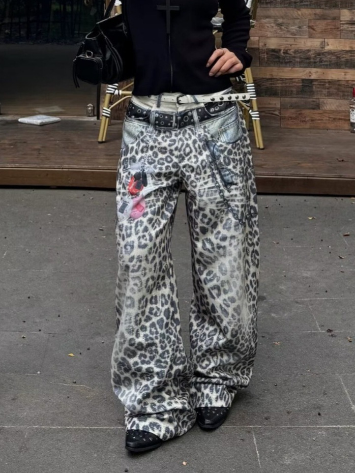 American High Street Washed Distressed Double Waist Leopard Print Jeans Niche Retro Loose Casual Wide Leg Design Trousers photo QC de 1688 sur Qualit.ly