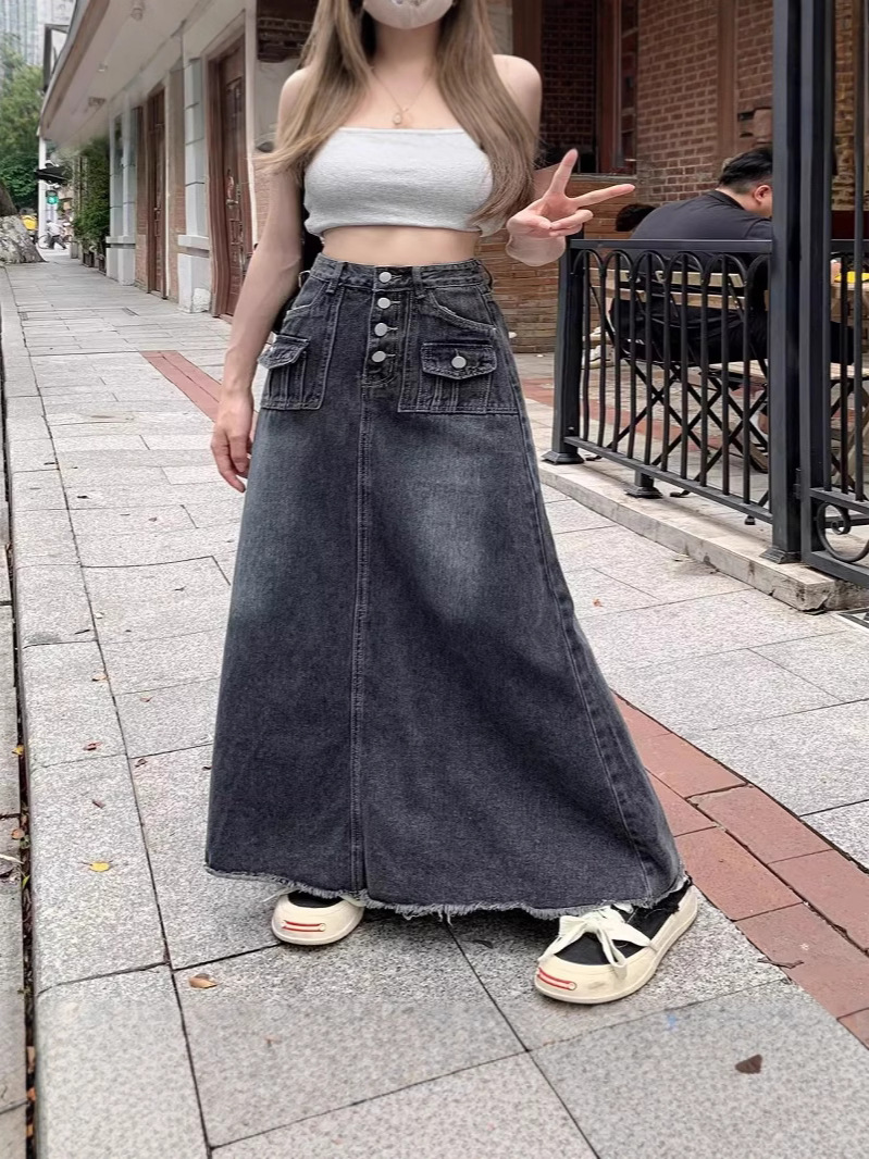 Tassel Fringed Denim Skirt for Women 2026 Spring and Autumn Style Unique Design High-Waisted Slimming Long A-Line Skirt Trendy