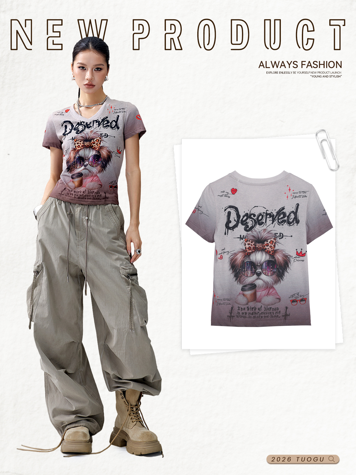 Trendy Brand Women's T-Shirt with Regular Shoulders, Summer New Style, V-Neck Top, American Street Hip-Hop Print, Slim-Fit Short Sleeve