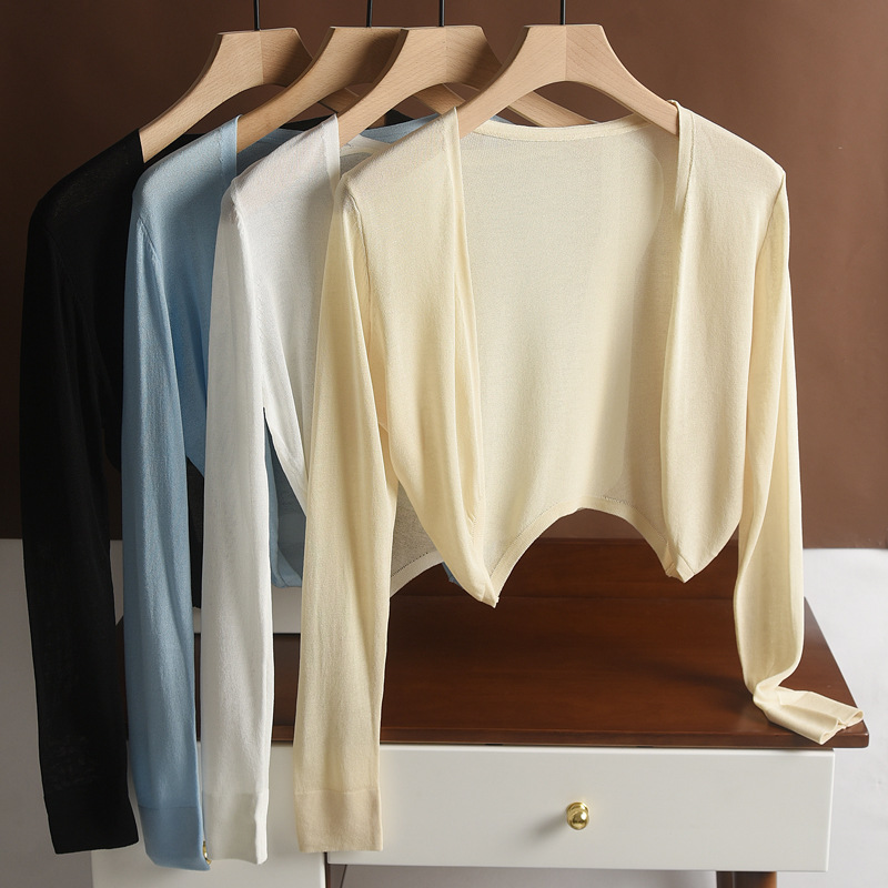 Linen Ice Silk Knitted Long-sleeved Sunscreen Coat Short Coat Top Summer Thin Air Conditioning Shirt Shawl Dress Women's Outer Wear