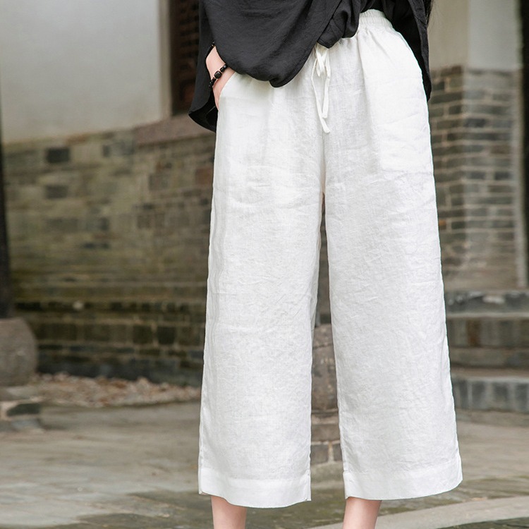 Women's Cotton-Linen Pants, Size 26, New Summer Style, Artistic and Versatile, Slimming, Drawstring, Linen, Women's Cropped Thin Wide-Leg Pants