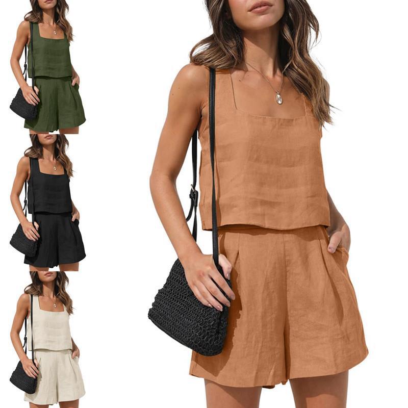 2026 Amazon New European and American Women's 2-Piece Casual Set Linen Shorts Sleeveless Top Vest