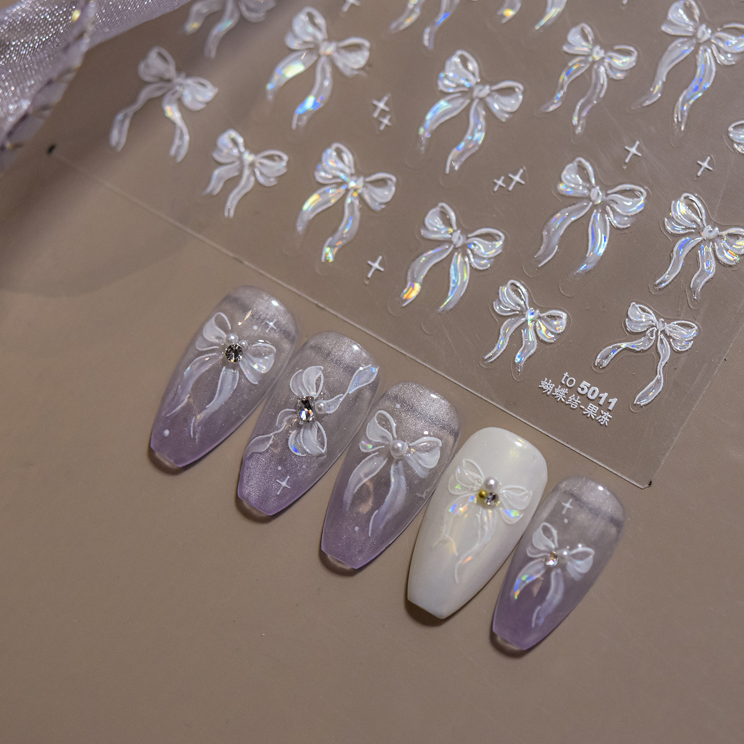 Fairy Ribbon Bow Pure Desire Jelly Nail Stickers Shell Light Aurora Three-Dimensional Relief Nail Stickers Nail Decals