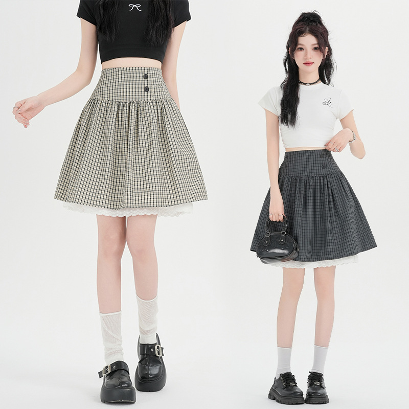 Korean-Style Plaid Lace Patchwork Midi Skirt for Women, 2026 Spring/Summer New High-Waisted Slimming Fresh Floral Skirt