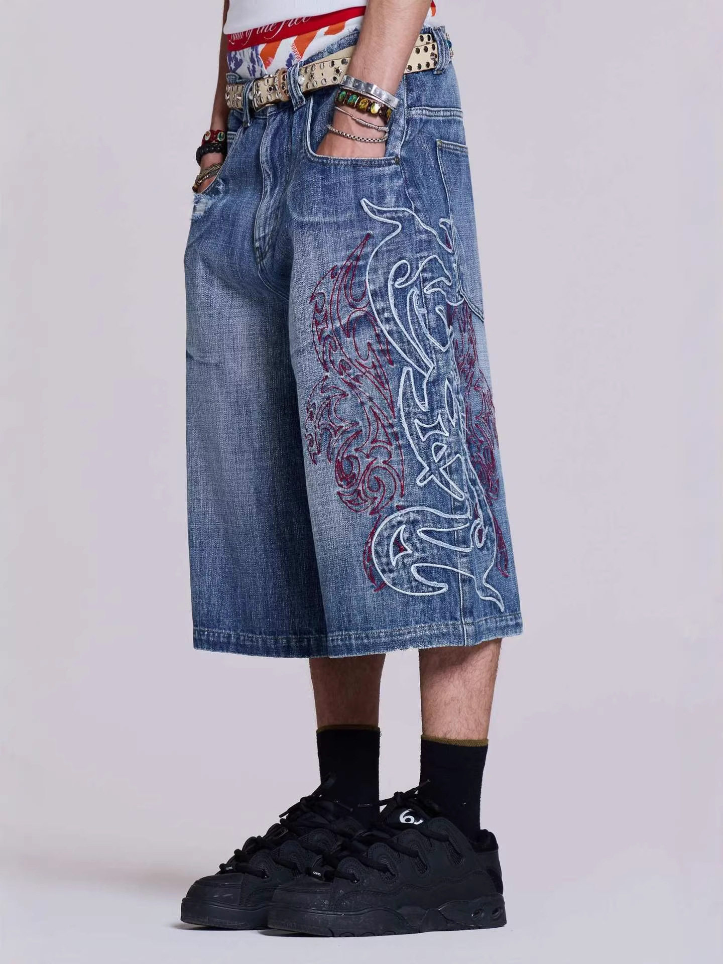 European and American Cross-Border Jeded Londen American-Style Y2K Pattern Embroidered Denim Shorts Loose Straight-Leg Jorts