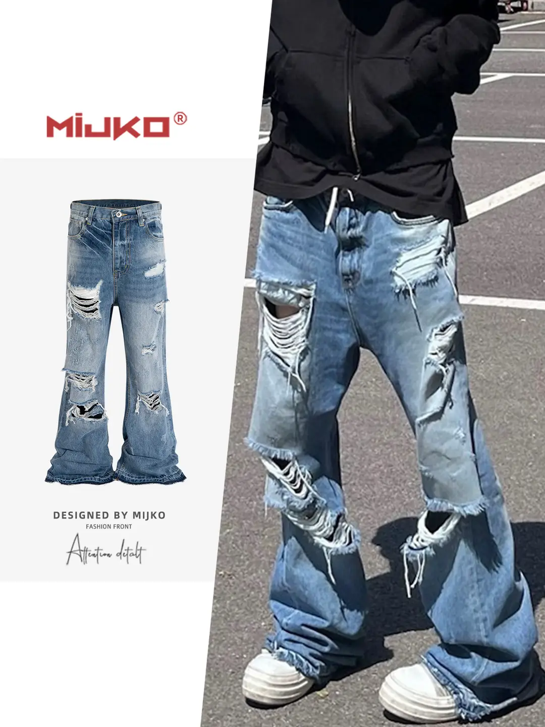 MIJKO men's ripped ripped pants men's and women's same neutral wide-leg tassel cat beard blue jeans