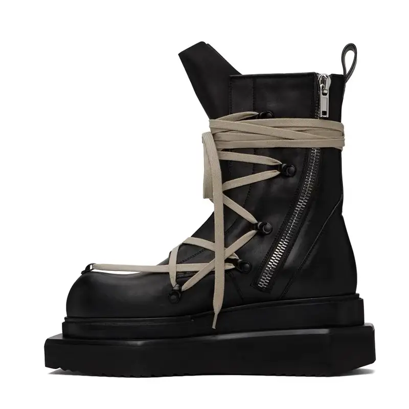 Rick Owens Black Leather Laces Side Zip Boots