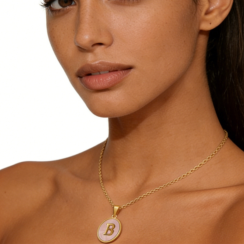 Titanium steel pink shell letter necklace women do not fade Europe and the United States 18K gold stainless steel pendant clavicle chain accessories