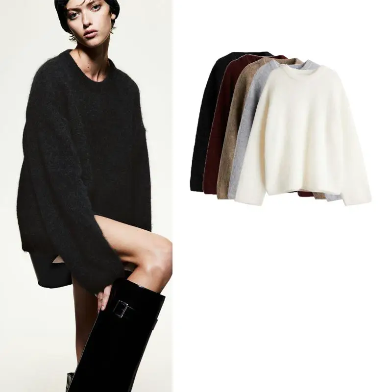 New Autumn and Winter Women's Clothing, Lazy Style Round Neck Long-Sleeved Oversized Mohair Blended Pullover 1242877