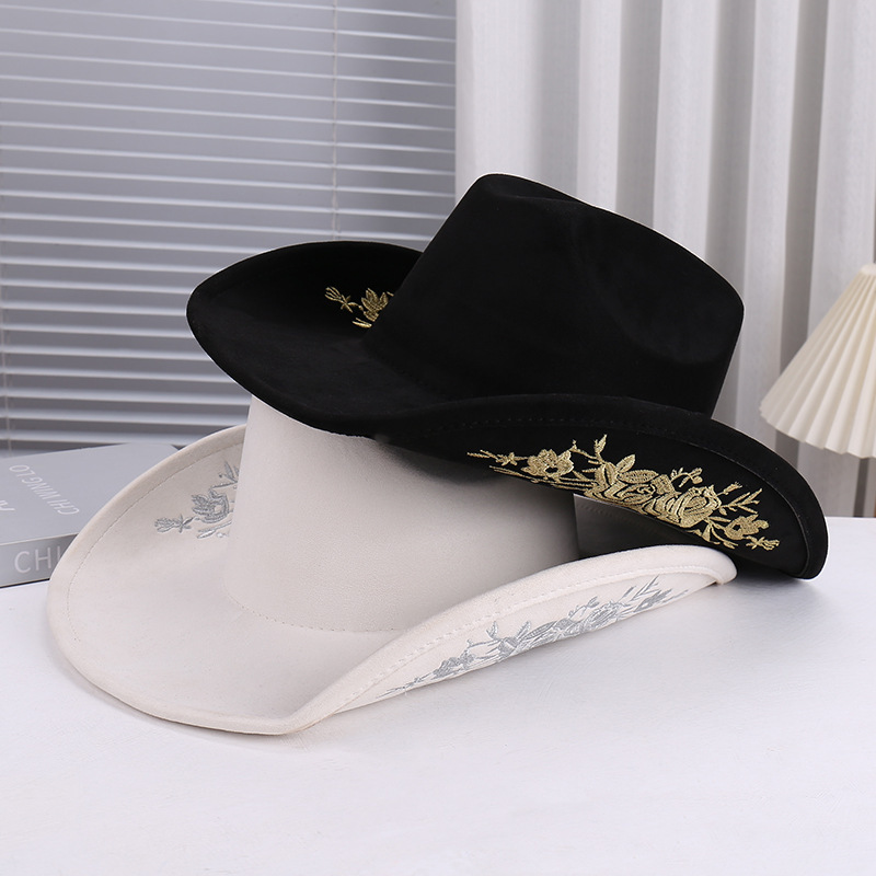 Cross-Border New Style Embroidered Floral Suede Western Cowboy Hat, Niche Design Elegant Jazz Hat with Upturned Brim