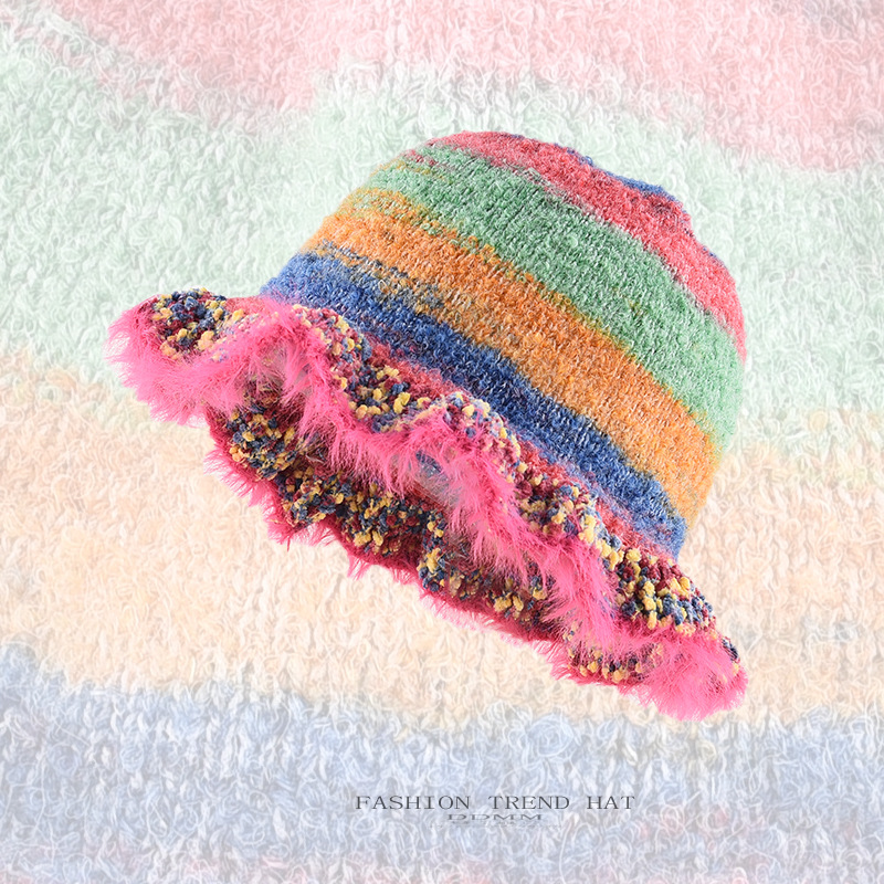 Colorful Oil Painting Gradient Knitted Fisherman Hat Women's Autumn and Winter Warm Basin Hat Contrasting Colorful Woolen Hat Foreign Trade Cross-Border