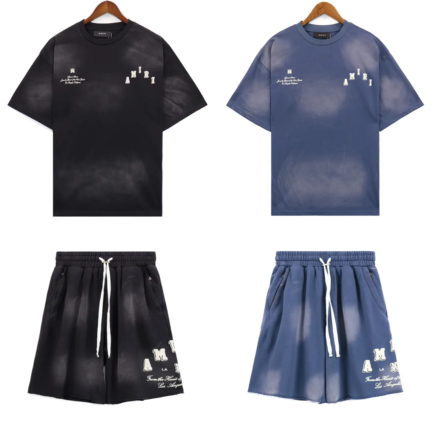 Cross-border European and American fashion brand amri micro-logo alphabet washed vintage short sleeve shorts men's and women's high street sports leisure suit