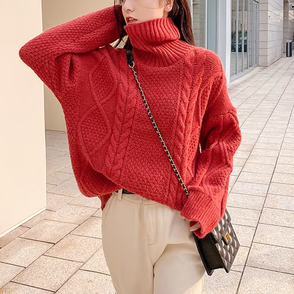 Retro thick line turtleneck sweater for women autumn and winter thickened loose lazy style pullover twist solid color knitted all-matching top