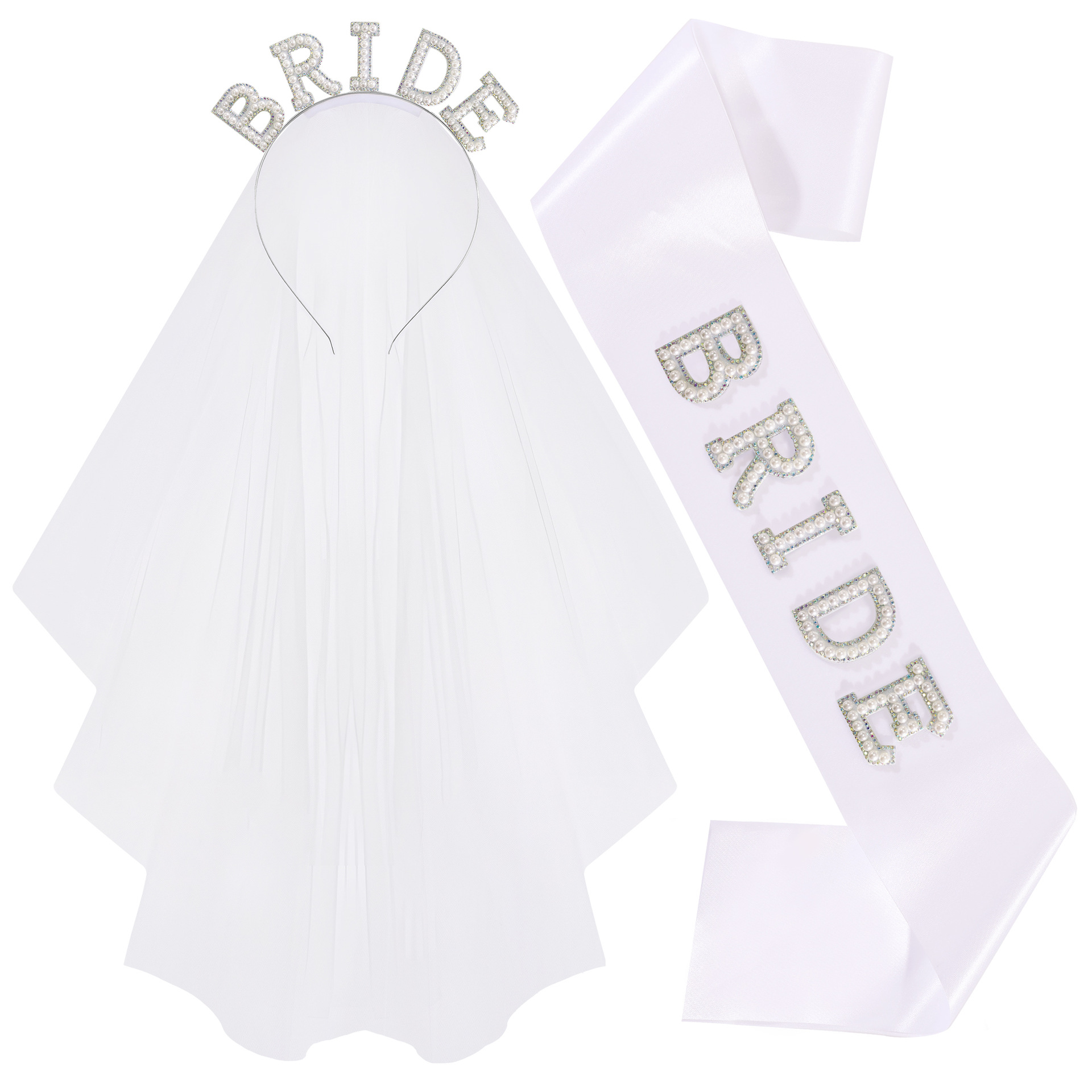 Cross-Border Bride-To-Be Pearl Headband Veil Shoulder Strap 2-Piece Set Bride Single Party Headband Decoration Wedding Essential Dress