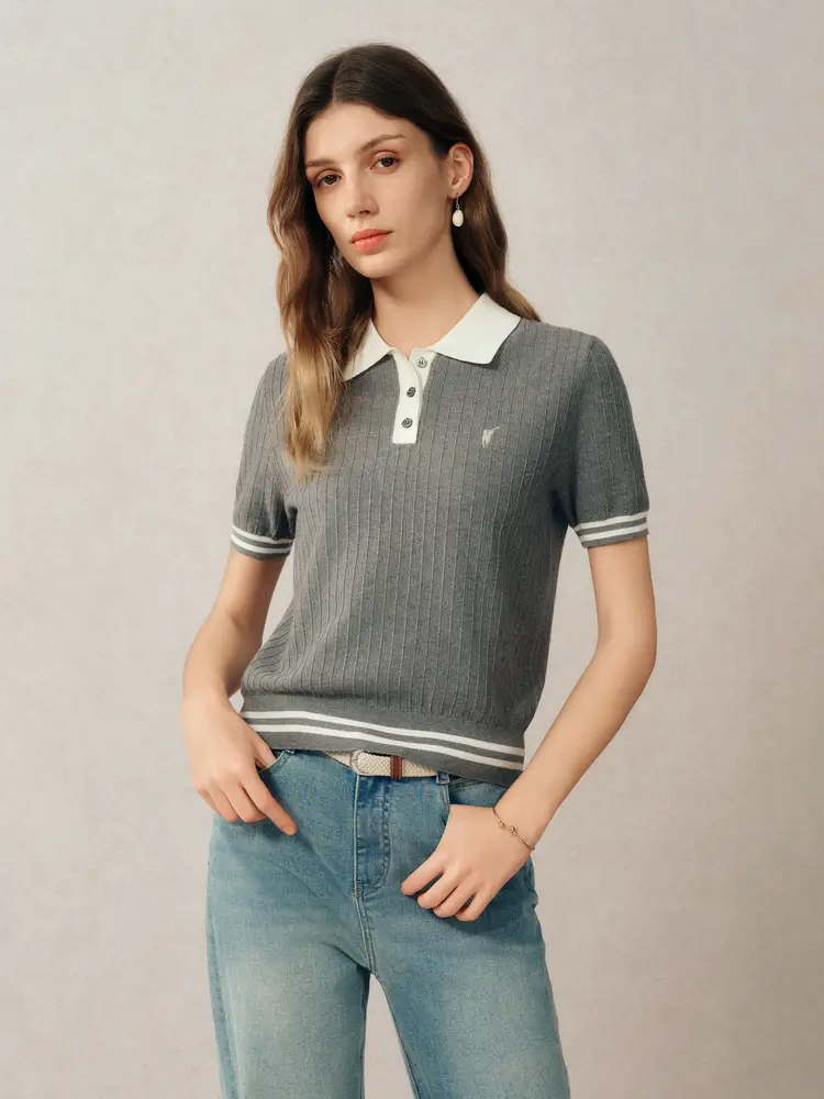 Polowalk Short Sleeves Knitwear Women's 25 Summer New Products Contrast Color Designs Fashion Age-Reducing Half-Sleeves Sweater Tops