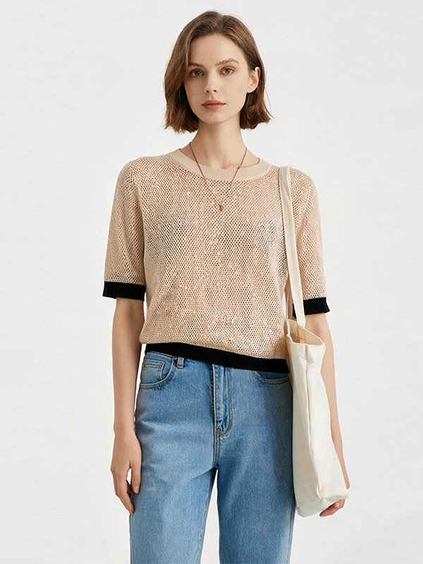European Md Same Style 100% Cotton Round Neck Knitwear Women's Summer Thin High-End Plaid Cut Out Contrast Short-Sleeved Top