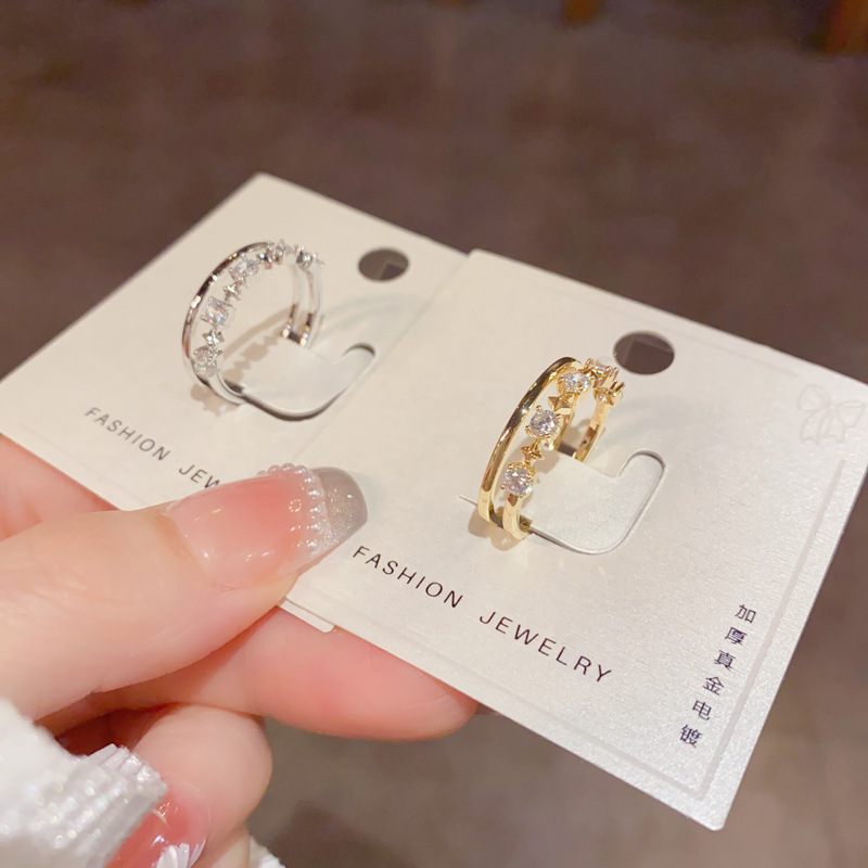 Niche Fashion Minimalist Diamond-Encrusted Double-Layer Open Ring for Women, Exquisite Light Luxury Versatile High-End Super Shiny Index Finger Ring Wholesale