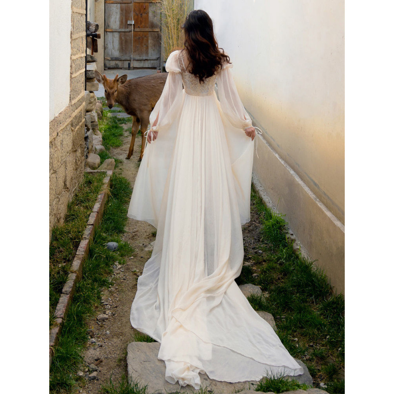 Morning Robe for Brides, Summer Wedding, High-End Long Tailing French Lace White Nightgown, Dreamy Sleeping Beauty