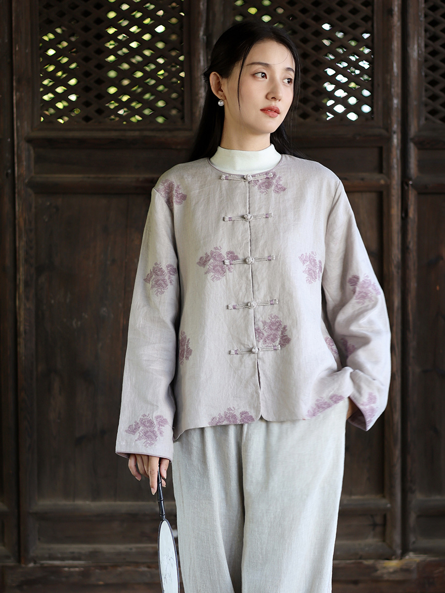 New Chinese Style Women's Clothing 2025 Autumn New Linen Jacket Women's Chinese Style Retro High-End Embroidered Tops Wholesale