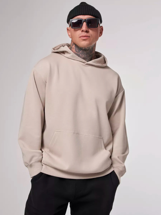 2025 Autumn/Winter Heavyweight 380g Terry Solid Color Hooded Sweatshirt for Men, European Style Loose Fit, Mid-Length, Drop Shoulder, Pure Cotton Top