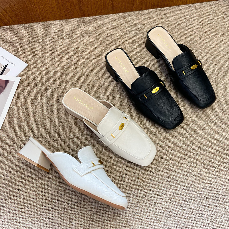 X308-9 French-Style Closed-Toe Mules for Women, Fashionable Outdoor Slip-On Square-Toe Mid-Heel Chunky Heel Sandals for Women