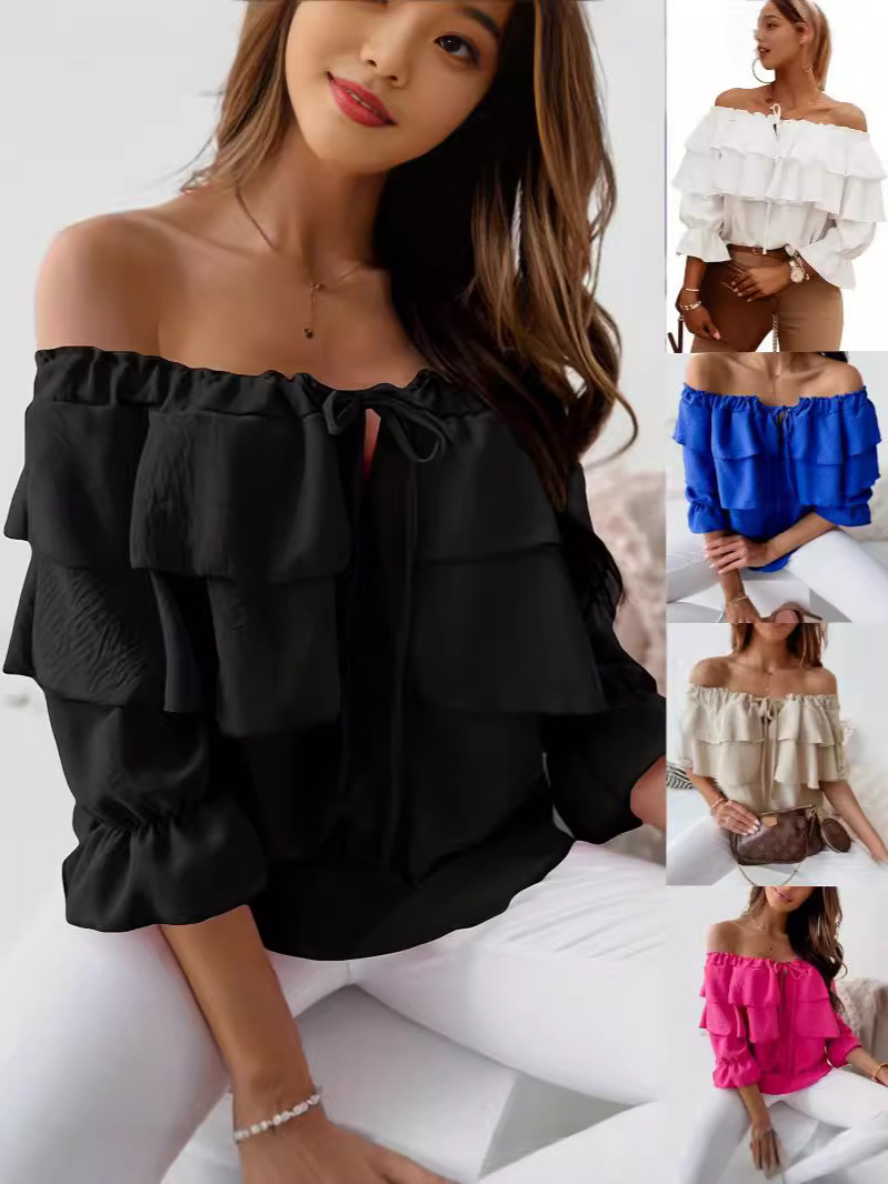 2022 Cross-border New Product One-character Collar Pullover Chiffon Lace-up T-shirt Casual Loose Ruffled Short-sleeved Top Women's Clothing