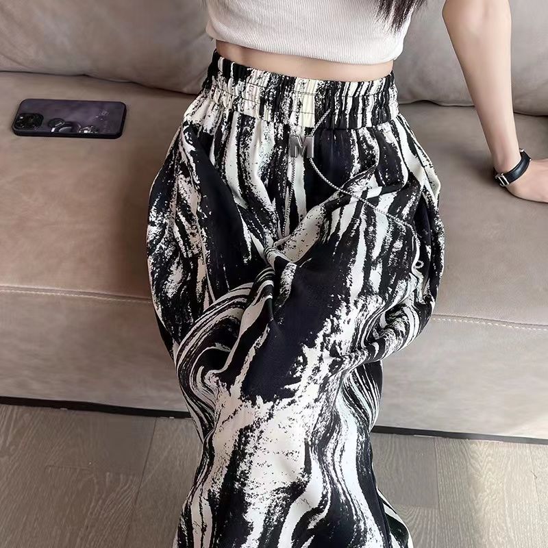 [Large size 40.00 kg-150.00 kg] Ice Silk tie-dyed wide leg pants women's summer high waist drape straight tube slim casual floor pants
