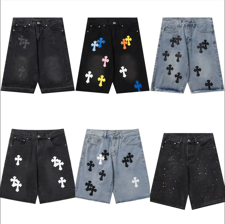 24Ss High Street Trendy Brand Washed Distressed Retro Cross Leather Loose Straight Casual Men's Denim Shorts Mid-Pants