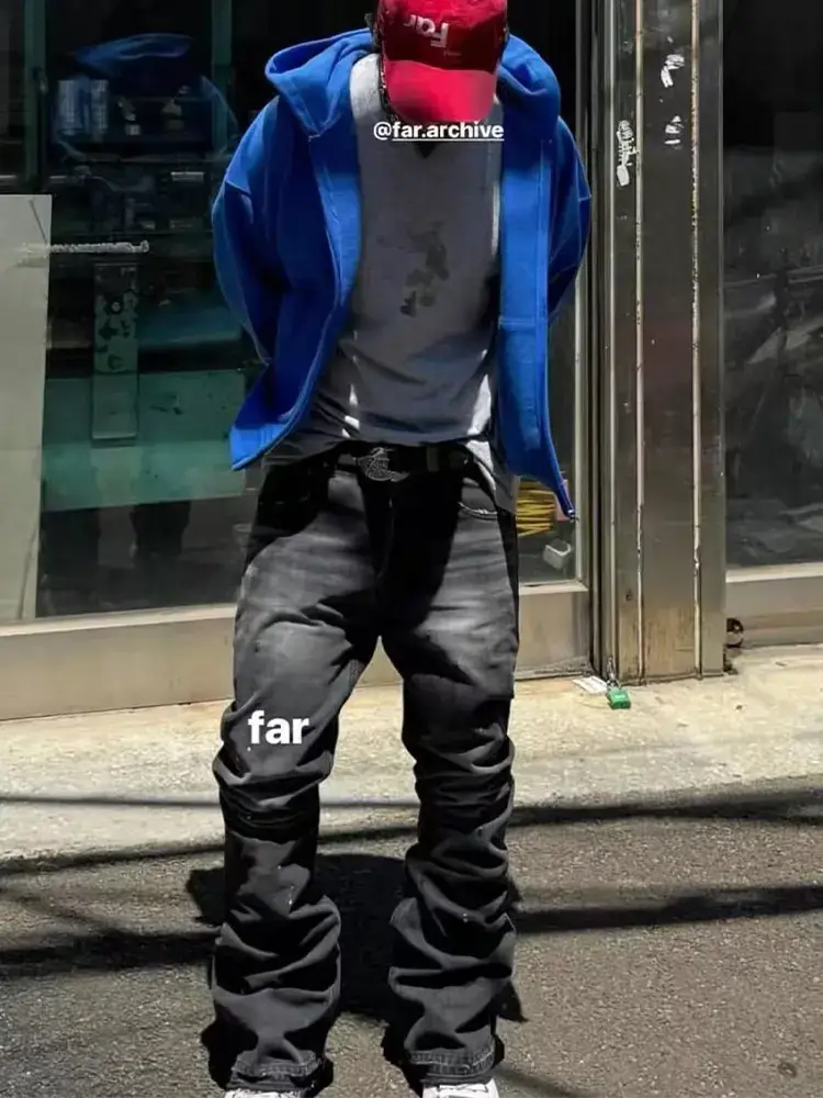Far Archive Washed Splash-Ink Tassel Destroyed Micro-Flared Denim Pants