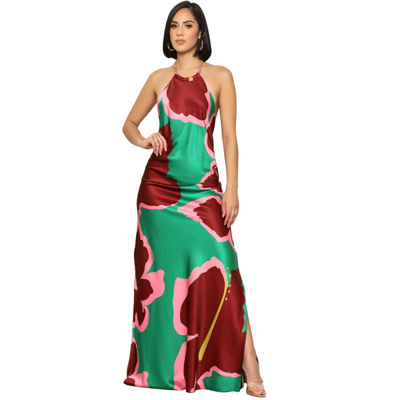 422 European and American New Women's Cross-border Printed Sexy Long dress Backless Fashionable Casual Skirt Simple