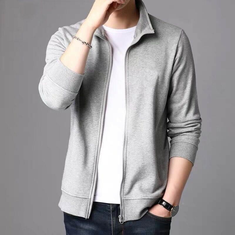 Solid Color Men's Vertical Collar Cardigan Sweater Sports Fashion Zipper Top Jacket Running Casual Jacket Long Sleeve Trend