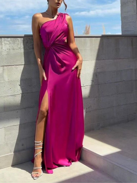 European and American Sexy Women's Cross-border Amazon New Shoulder Pleated Split Sexy Satin dress Elegant Slim Fit