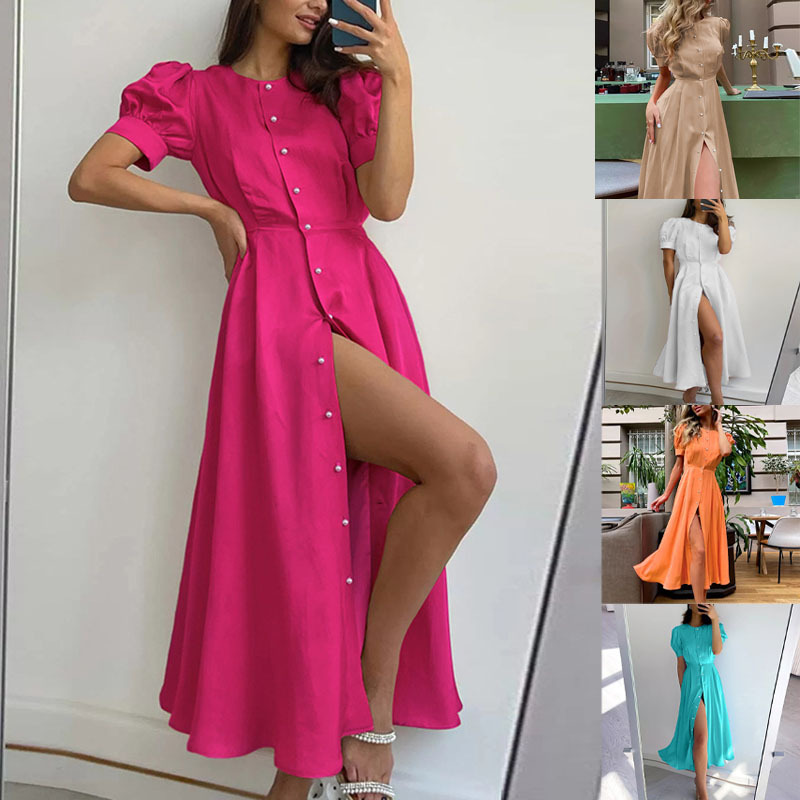 Amazon European and American Summer Button-Up Elegant Solid Color 2026 New High-Waisted Cross-Border Mid-Length Dress Slim-Fit Cardigan