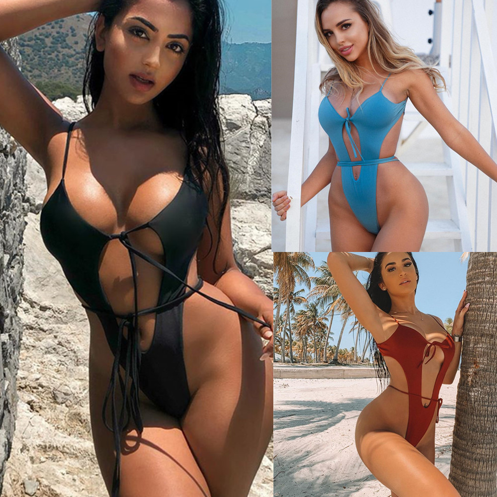European and American New Swimwear Solid Color Sexy Strap Bikini Foreign Trade AliExpress eBay Explosions Women's Split Swimsuit