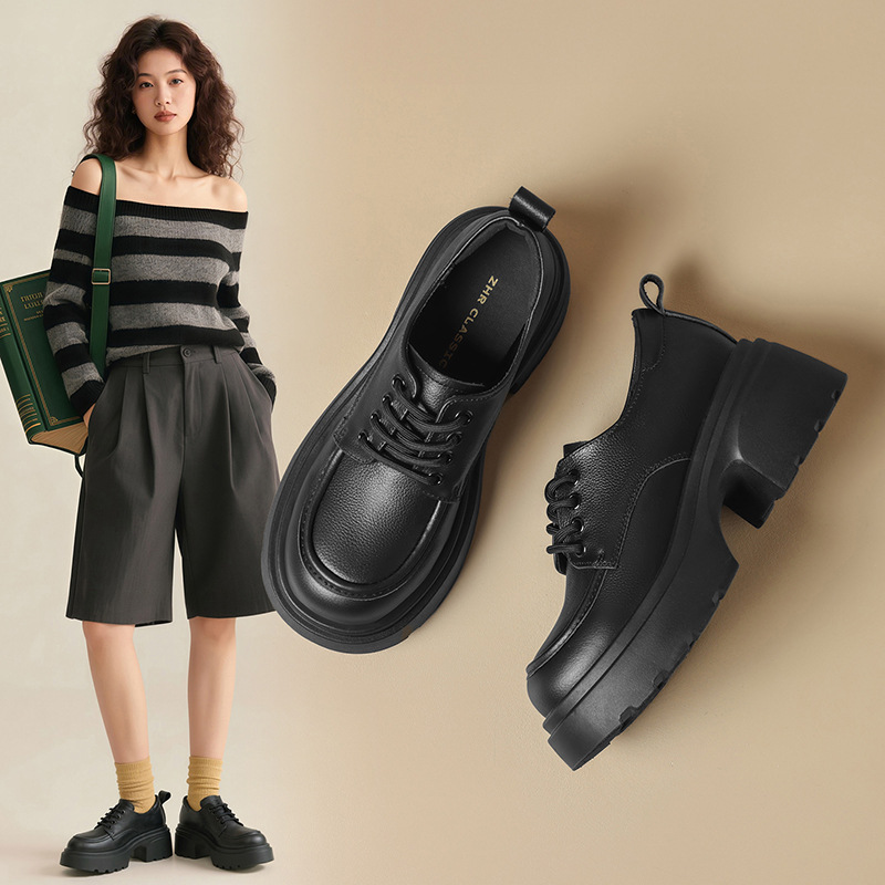 [First-Layer Cowhide] Zhr Fashionable British-Style Women's Shoes 2025 Autumn New Style Height-Increasing Comfortable Thick-Soled Leather Shoes