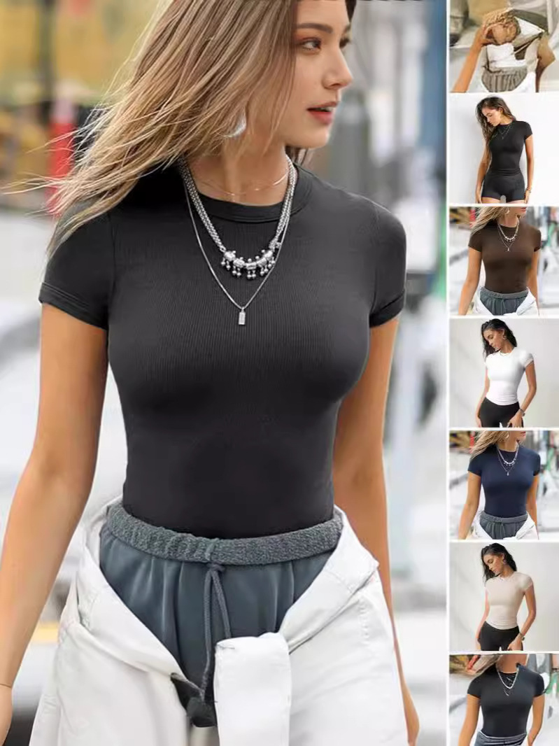 Amazon Temu European and American Cross-Border Women's Clothing 2026 Summer New Style Ribbed Slim-Fit Hot Girl Short-Sleeve T-Shirt Top for Women