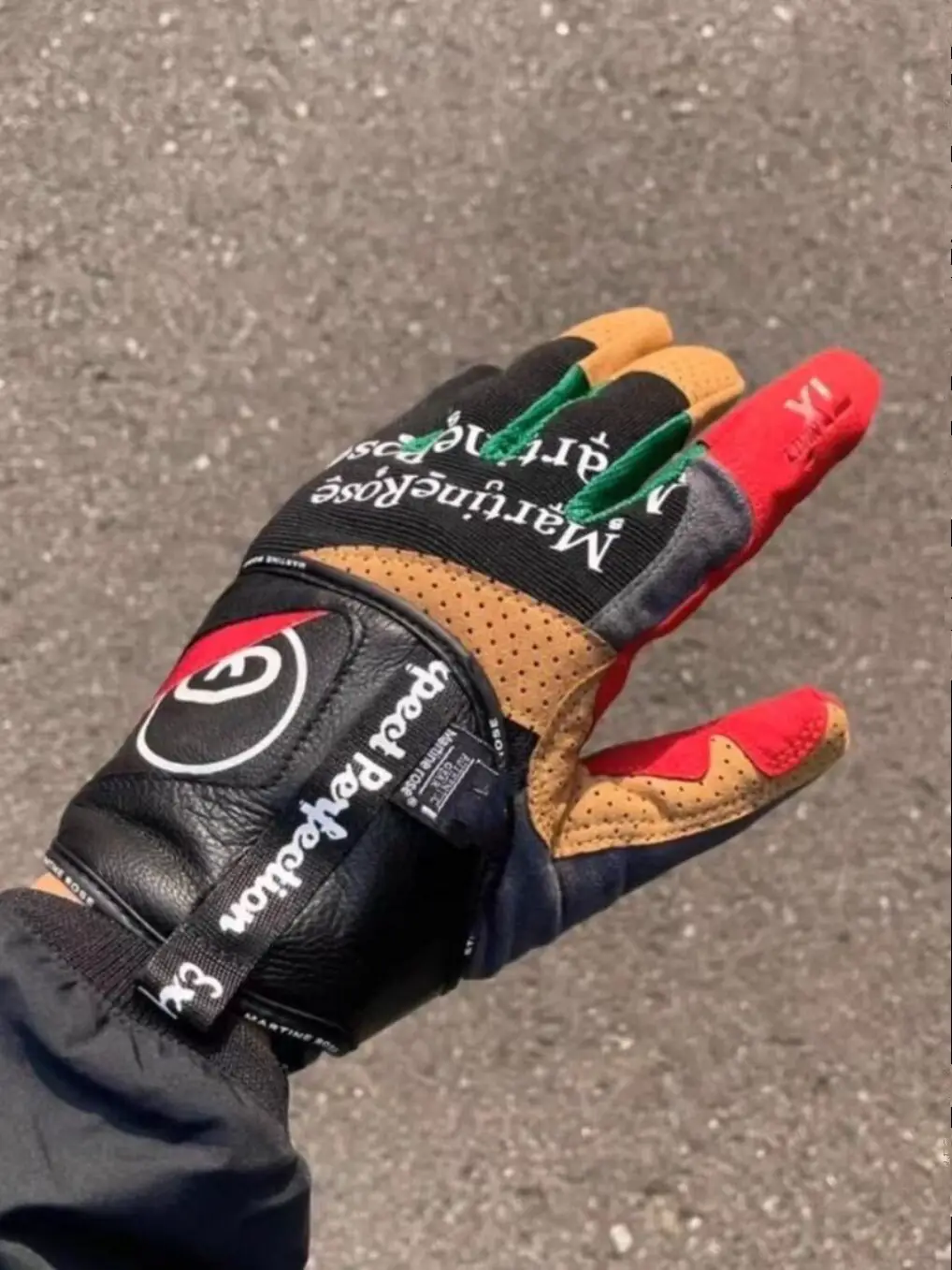 Martine Rose co branded Stu color blocked suede leather racing and cycling warm gloves in stock