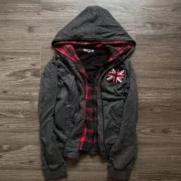 Patterned flag print washed cardigan Y2K hooded sweatshirt