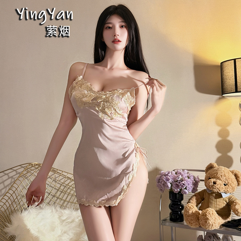 Sexy Women's Satin Camisole Dress with Embroidery, Deep V-Neck, Side Slit, and Pure Desire Style Loungewear