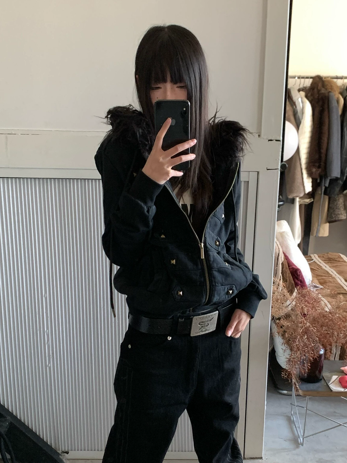 Subculture Black Slim-Fit Hooded Sweatshirt Cardigan for Women, Spring Palace Style Fur Collar Jacket, Regular Shoulder Top, Visual Style