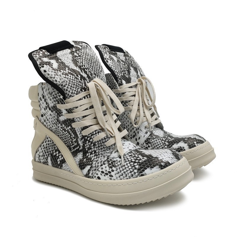 Spring and Autumn Style Guangzhou Shoes, Genuine Leather Snake Pattern, Round Toe, Height-Increasing Thick Sole, Casual Lace-Up, Inverted Triangle Men's Sneakers, Large Size 48, Trendy