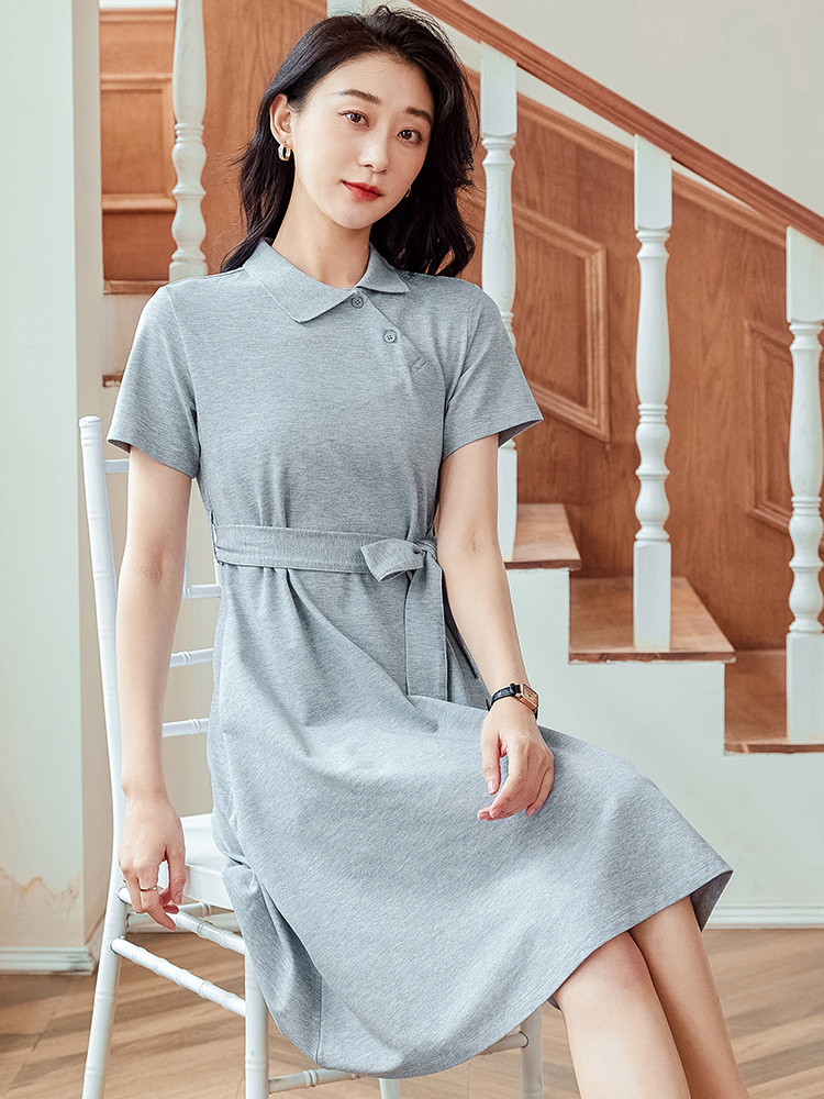 Lapel Thin Mid-length Pure Cotton dress All-match Elegant Belt Commuter Slim-fit Women's Outer Wear Dress 163