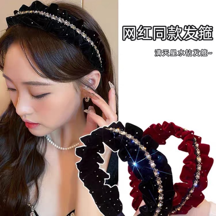 Giptianxing Rhinestone Velvet Red Headband Women's Winter Hair Accessories Advanced Wash Face Pleated Headband Fragrant Style Headband