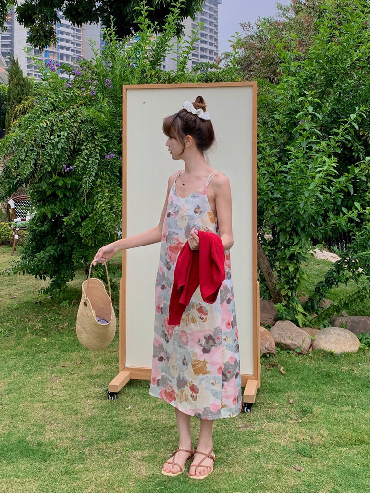 25 Summer New V-neck Satin Dape Women's Silk Slip Skirt Slimming Abstract Painting Printed dress Dress