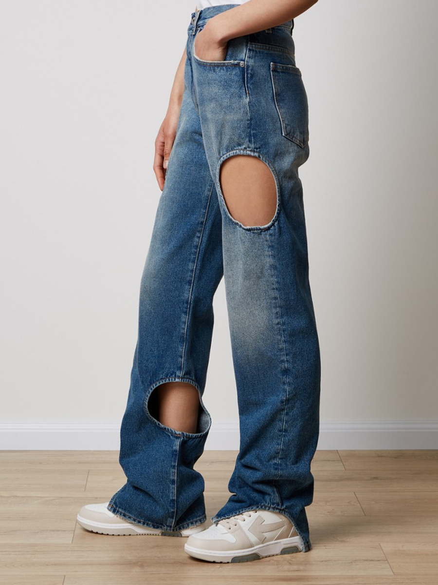 2026 Spring New Fashion High-Waisted Straight-Leg Pants with a Sense of Sophistication, Long Pants with a Unique Design, Hollow-Out Ripped Jeans for Women
