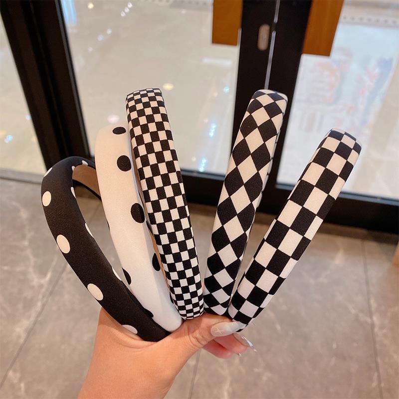Vintage Black and White Checkerboard Hair Band Headband Women's Autumn and Winter Thin Sponge Hair Clip French Style High Cranial Top Headwear