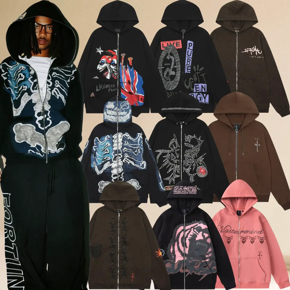 TRAVIS SCOTT zipper cardigan sweater jacket TS co branded with Hiroshi Fujiwara American high street hoodie trend