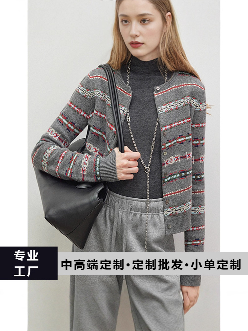Factory Processed American Retro Striped Round Neck Wool Cardigan Sweater for Women Autumn and Winter Design Plaid Splicing Cardigan