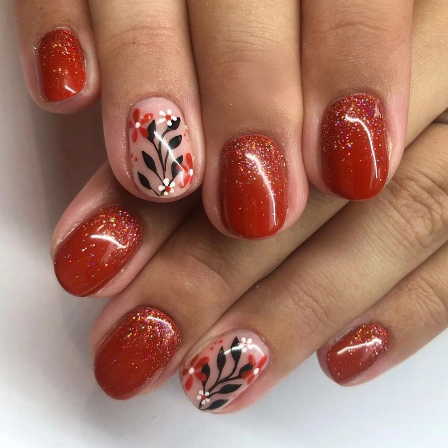 Short bright face square armour Europe and the United States cross-border foreign trade red background gorgeous small flower autumn and winter wear nail art detachable 24 pieces