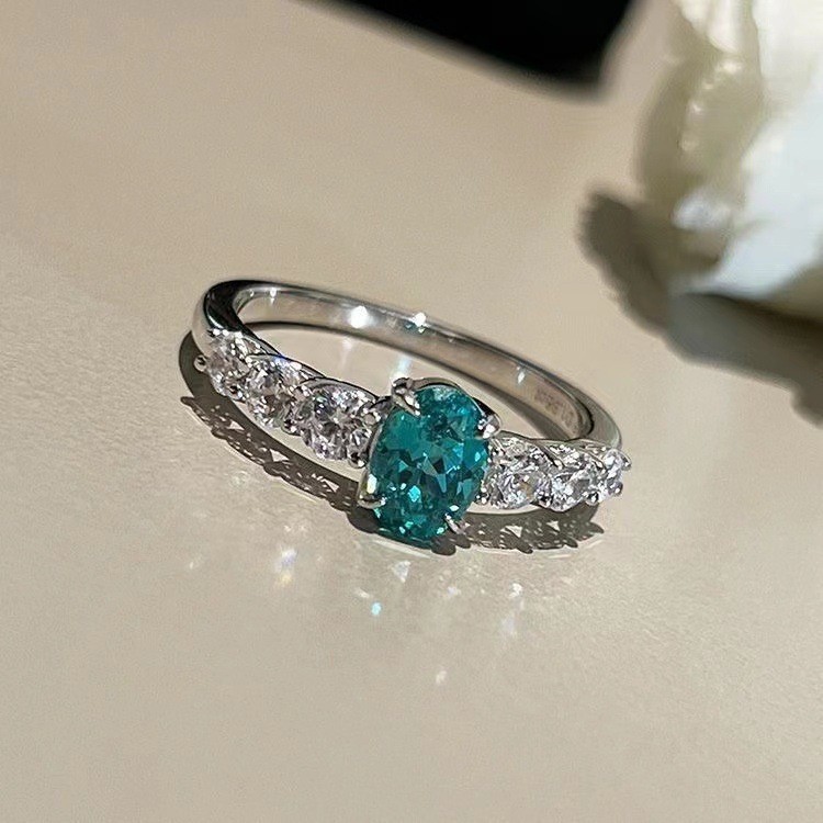 TikTok Explosive Paraíba Green Diamond Ring Women's Diamond Luxury Refined Niche Design with Diamond All-match Ring